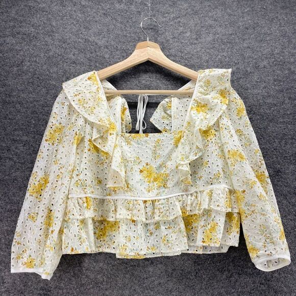 Wayf Blouse Women XS White Floral Lined Square Neck Long Sleeve Ruffle Cotton - Picture 3 of 9